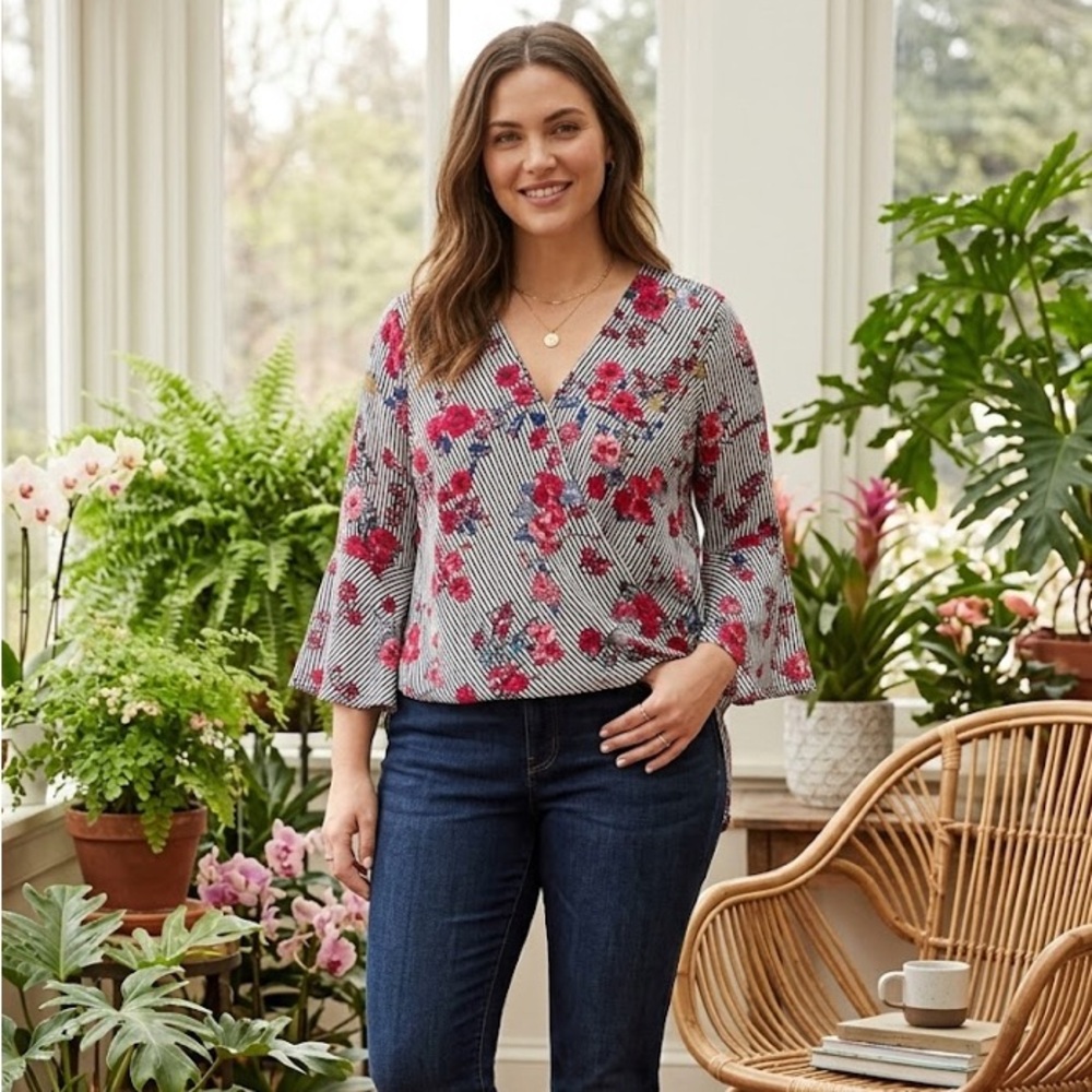 BCX Floral Striped V-Neck Bell Sleeve Top - Pink/White